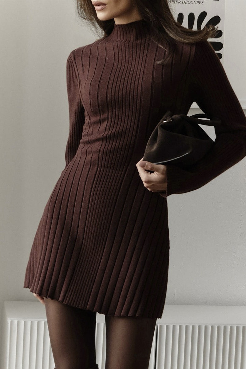 Rib-Knit Mock Neck Long Sleeve A-Line Mini Sweater Dress