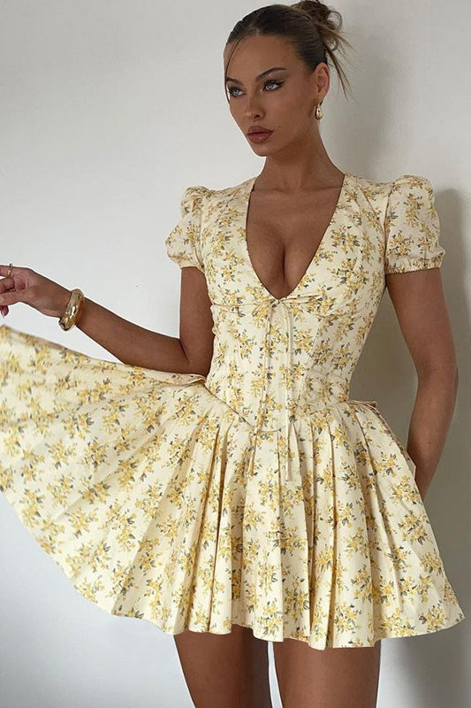 Floral Print Deep V-Neck Tie Front Puff Sleeve Tiered Ruffle Mini Dress