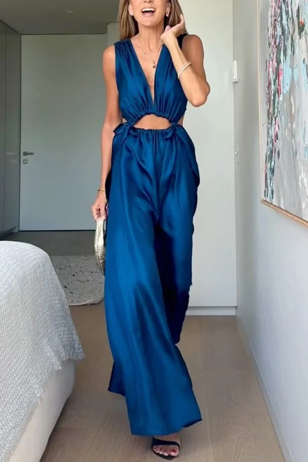 Midnight Charm Satin Ruched Cutout Tie-up Maxi Dress