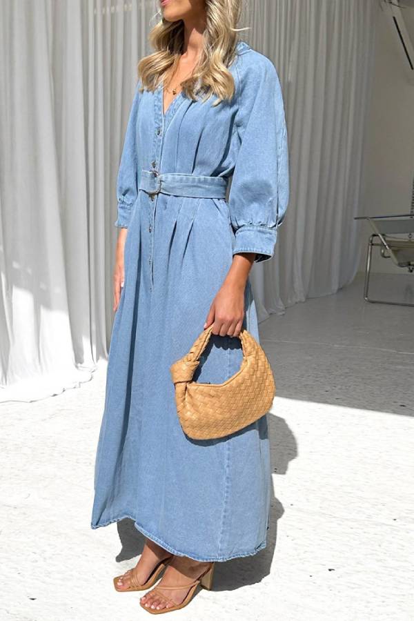Waist casual button-down denim maxi dress