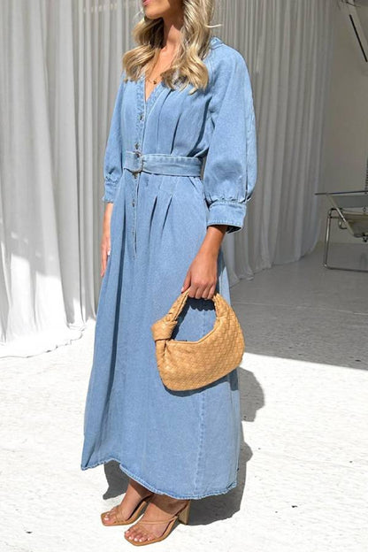 Waist casual button-down denim maxi dress