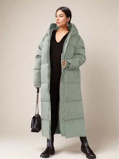 Long Puffer Coats Orange Hooded Winter Full Length Coat For Women