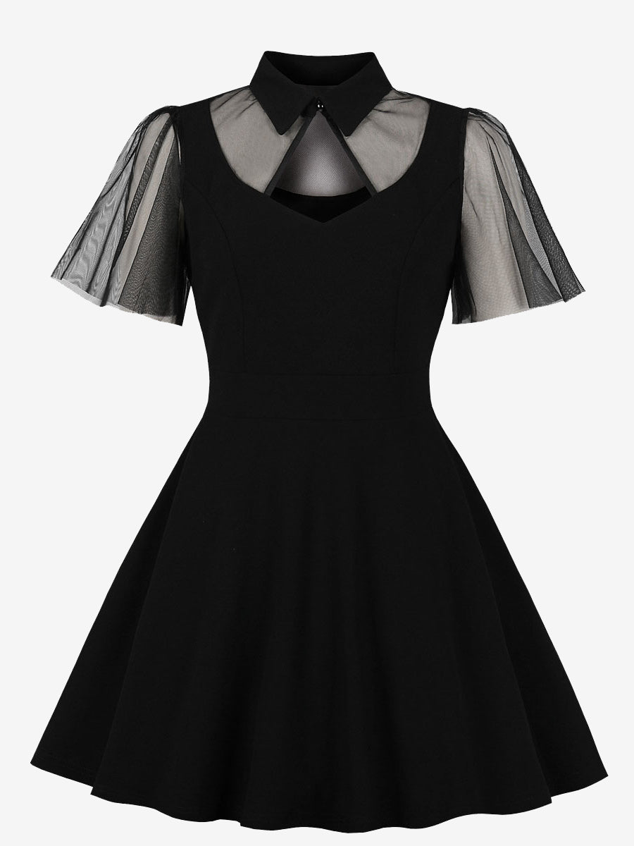 Mesh Patchwork Hollow Out Neckline A Line Skater Dress For Women 2026