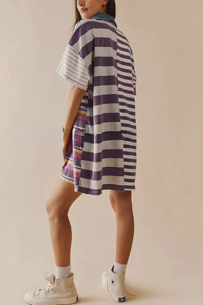 Mid-length Sleeve Lapel Contrast Striped Loose Casual Dress