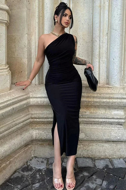 One-Shoulder Ruched Bodycon High Slit Midi Dress