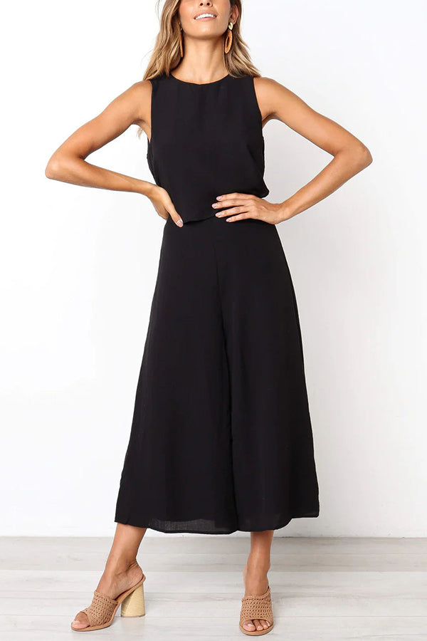 Basic Everyday Round Neck Tank Cropped Wide Leg Jumpsuit
