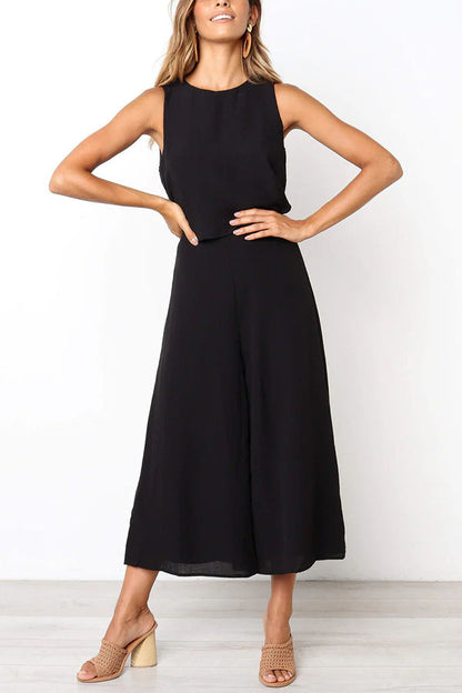 Basic Everyday Round Neck Tank Cropped Wide Leg Jumpsuit