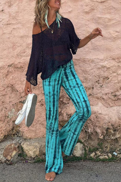 Fashionable tie dye printed pleated lace up waist elastic street bell bottom pants