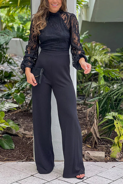 BLACK JUMPSUIT WITH LACE TOP AND OPEN BACK