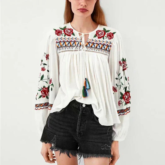 White Floral Embroidery Puff Sleeve Loose Boho Blouse