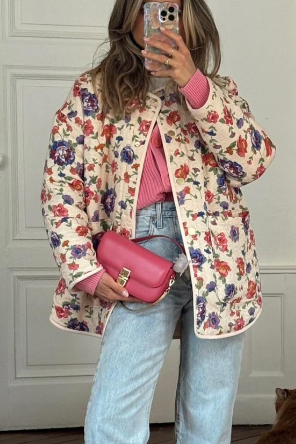 Street V-neck Loose Cardigan Fashion Print Cotton Coat for Women