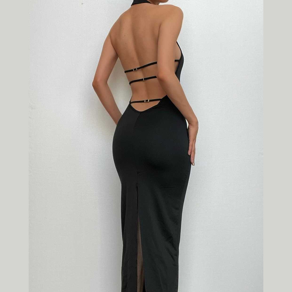 Halter backless slit solid sleeveless hollow out cut out maxi dress