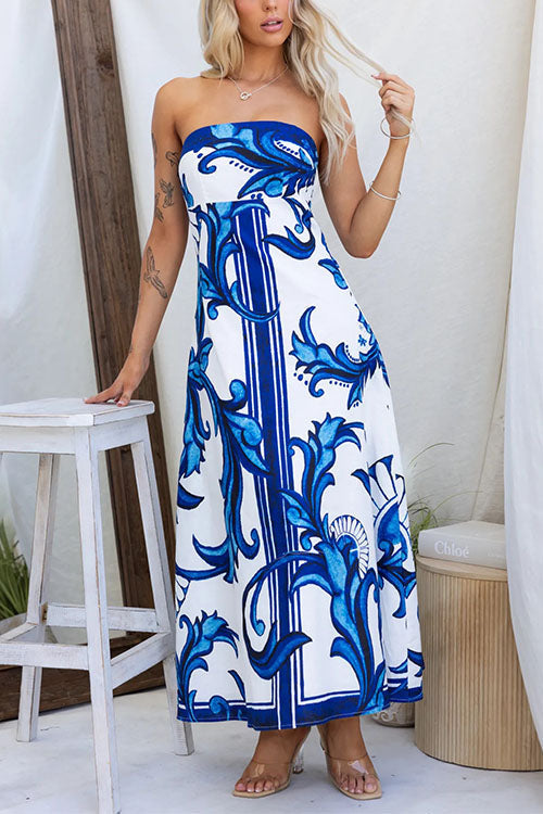 Strapless Tube Unique Print Swing Maxi Dress