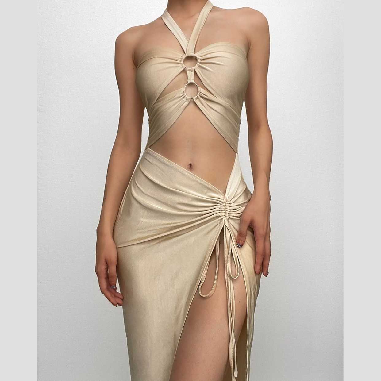 Halter drawstring solid slit hollow out o ring self tie cut out midi dress-final-sale