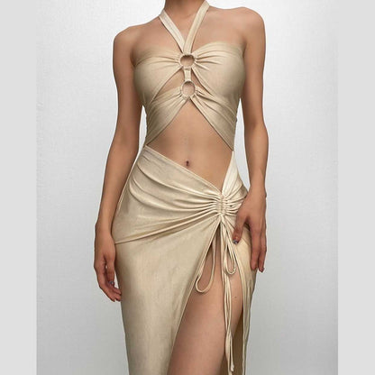 Halter drawstring solid slit hollow out o ring self tie cut out midi dress-final-sale