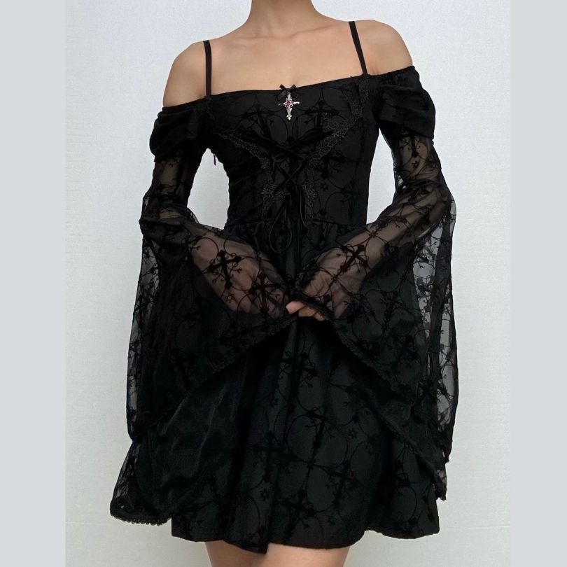 Long flared sleeve off shoulder cross applique mini dress