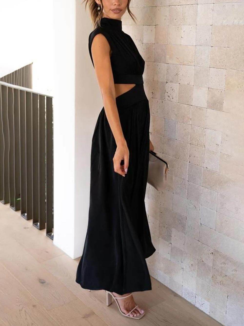 Mock Neck Sleeveless Waist Cutout Pocketed A-Line Midi Dress