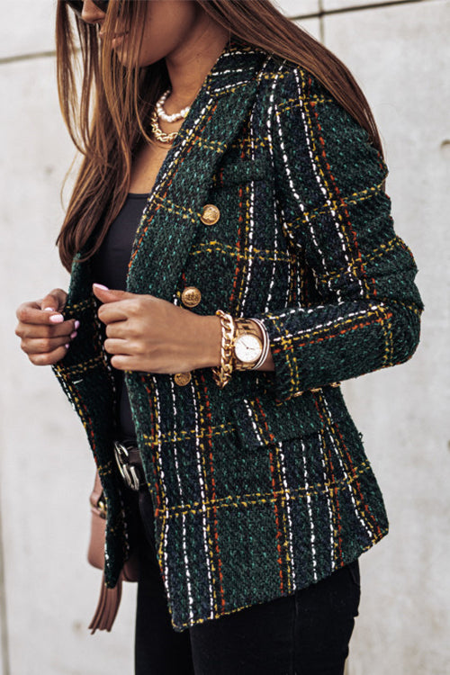 Double Breasted Open Front Plaid Blazer Jacket