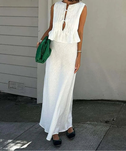 White Cotton Lace-Up Ankle Skirt Office Two Piece Set