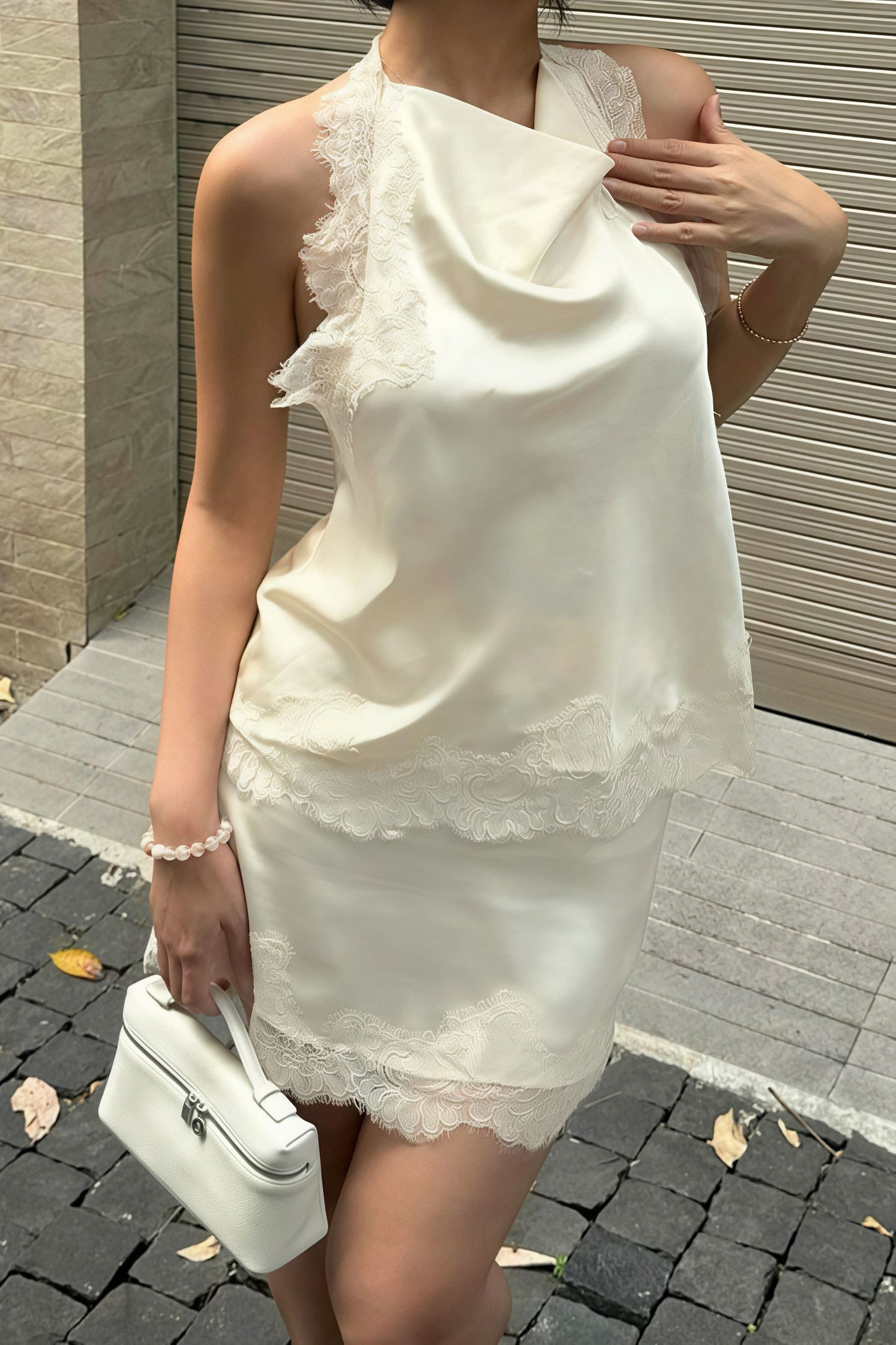Lace Trim Cowl Neck Halter Satin Cami Top and Mini Skirt Set