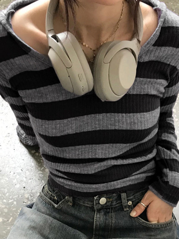 Black Vintage Slim Fit Versatile V-Neck Long Sleeve