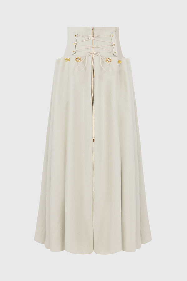 Custom Look Linen Blend Unique Metal Pattern Buttons Lace-up Waist Crisp Hem Maxi Skirt