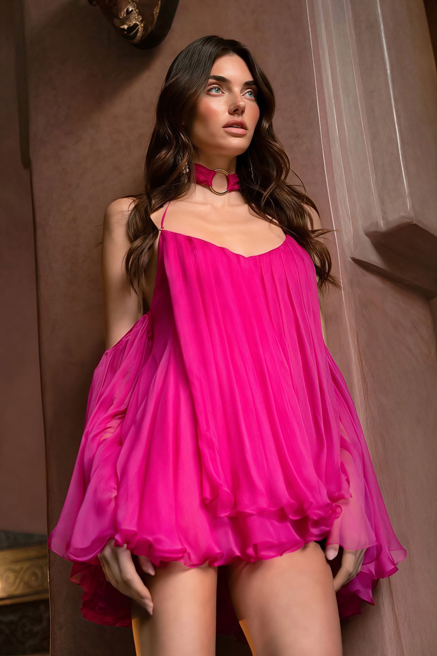 Pleated Chiffon Spaghetti Strap Off-Shoulder Billowy Sleeve Tiered Ruffle Mini Dress