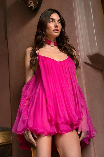 Pleated Chiffon Spaghetti Strap Off-Shoulder Billowy Sleeve Tiered Ruffle Mini Dress