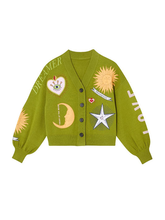 Green Pattern Knit Cardigan Sweater
