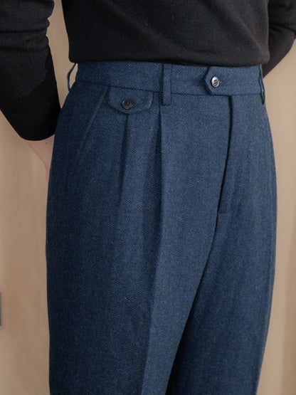 Valentio Wool Blend Herringbone Pleated Pants