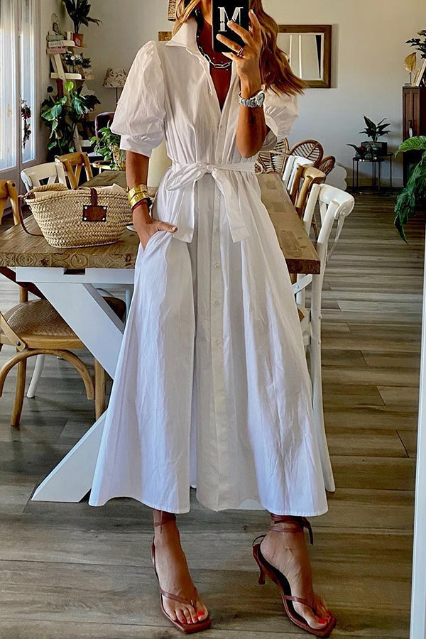 Vintage Pocketed Shirt Midi Dress