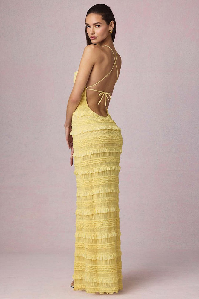 Backless Ruched Pleated Maxi Dress