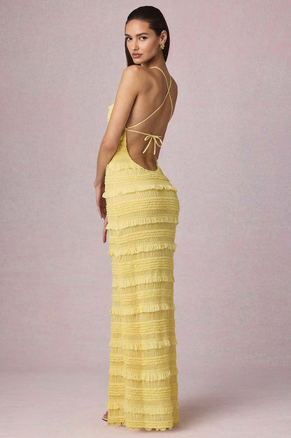Backless Ruched Pleated Maxi Dress