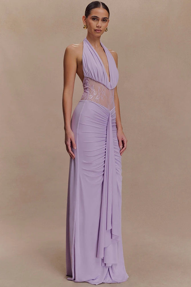 Halter Plunging V-Neck Lace Panel Ruched Drape Maxi Gown