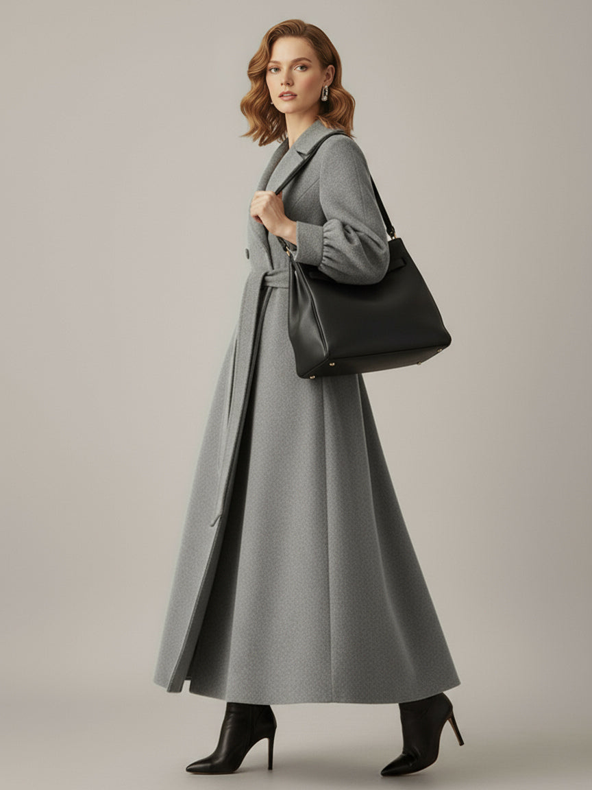 Belted Double-Breasted Woolen Full-Length Coat With Balloon Sleeves For Women 2026