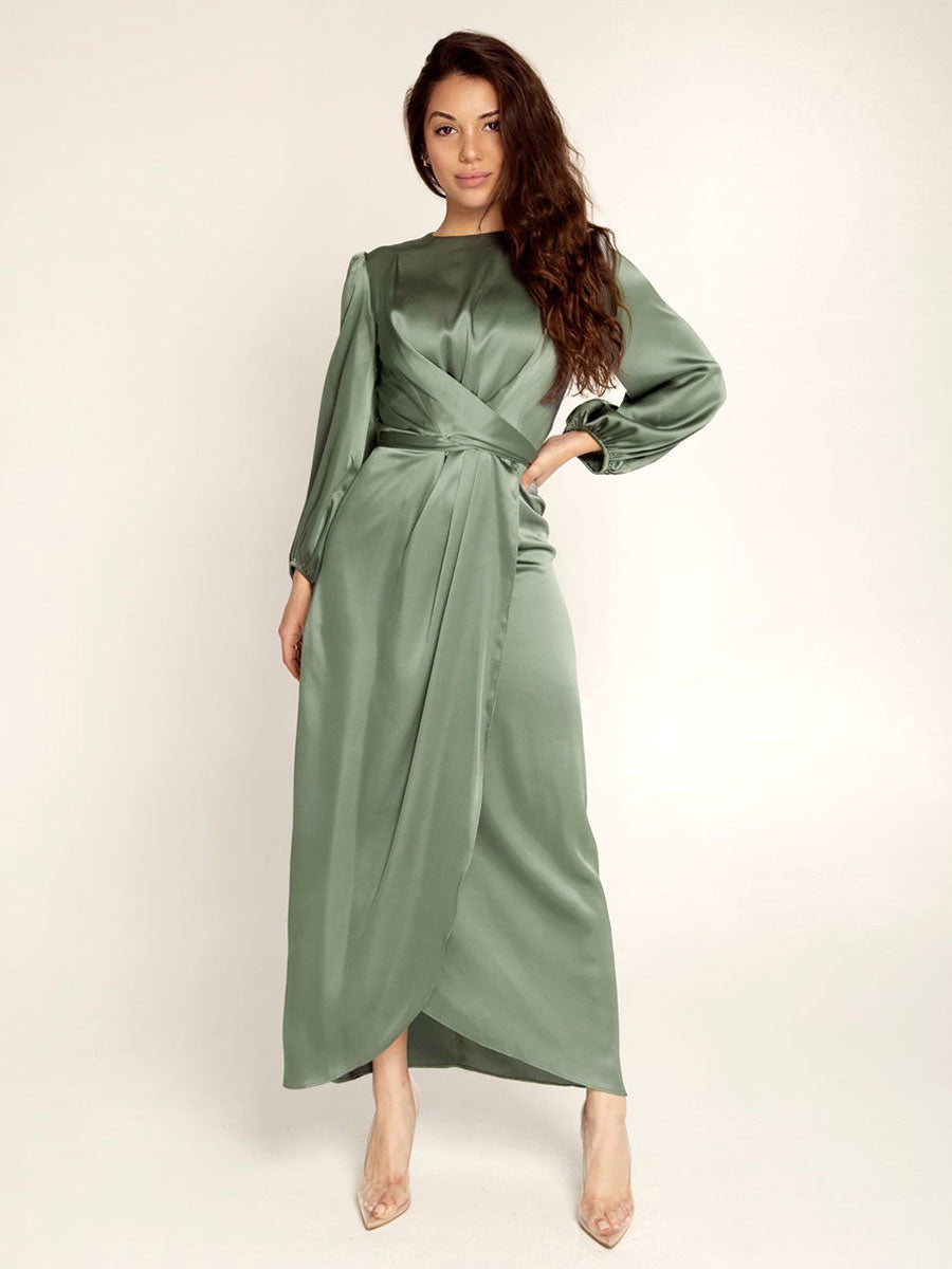 Prom Dresses Jewel Neck Pleated Stain Semi Formal Maxi Dress