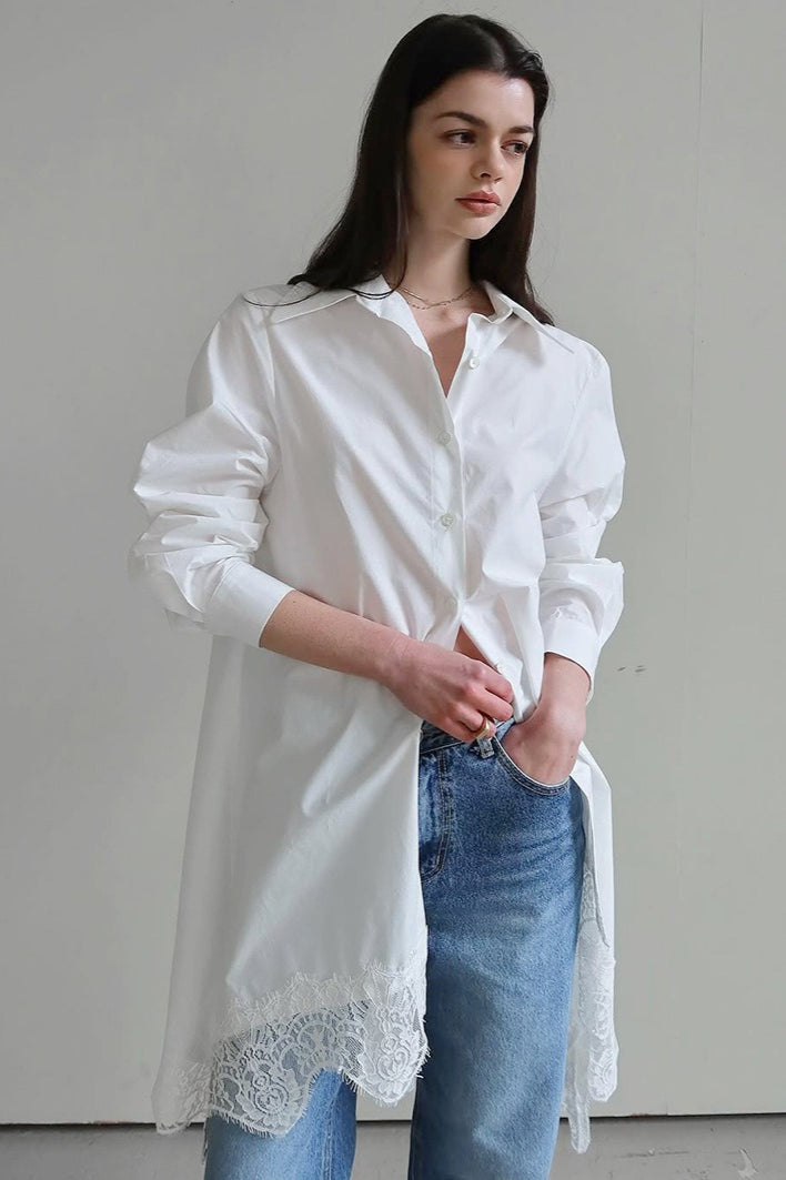 Point Collar Button Front Long Sleeve Lace Trim Handkerchief Hem Mini Shirt Dress
