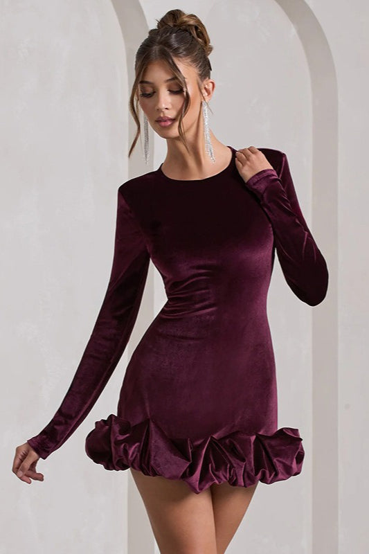 Velvet Crew Neck Ruched Long Sleeve Bubble Hem Mini Dress