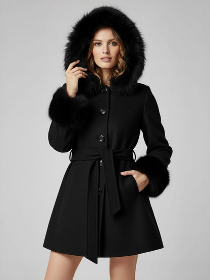 Belted Wool Blend Hooded Coat with black Faux fur cuffs For Women 2026