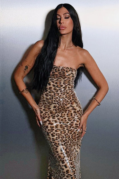 Colorblock Leopard Strapless Maxi Dress