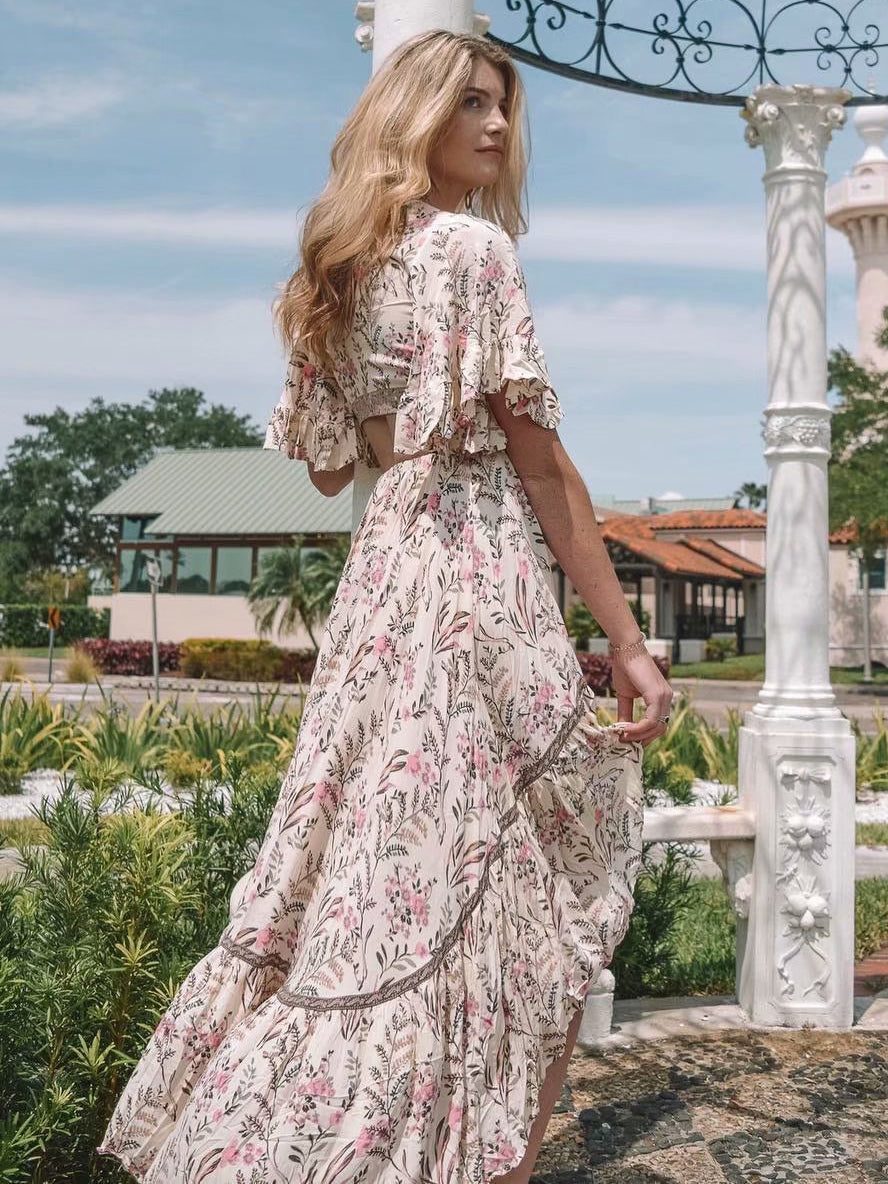 Floral High Low Boho Dress for Women - Cream Pink Cut Out Tie Front Flutter Sleeve Long Dress - Summer Beach Holiday 2026