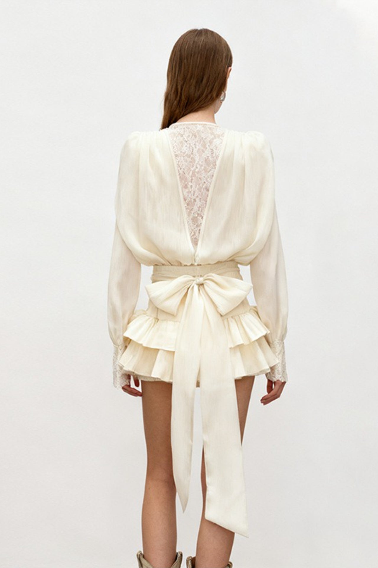 Lace Trim Button Front Long Sleeve Blouse and Tiered Ruffle Bow Waist Shorts Set