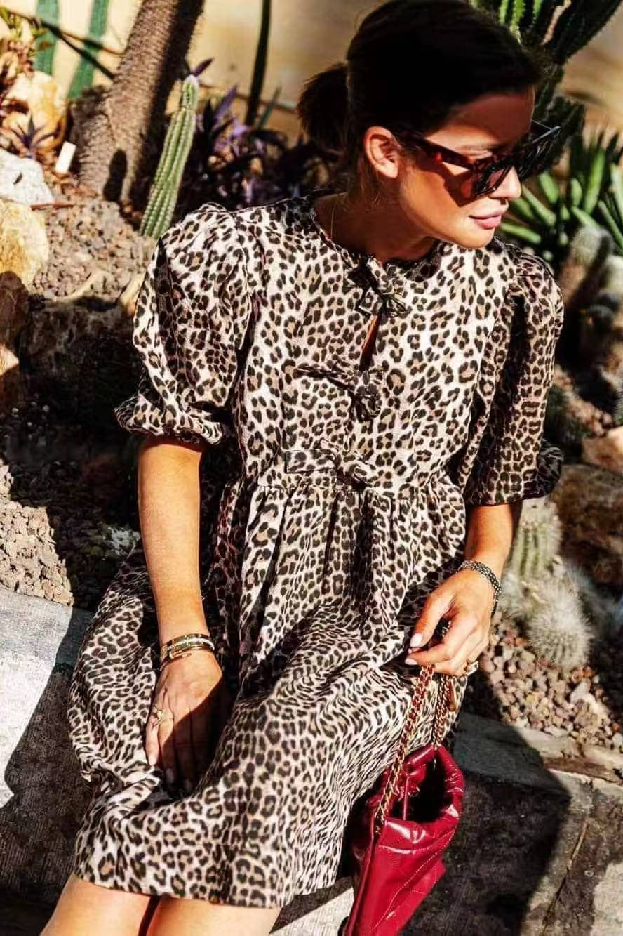 Print Bow Tie Keyhole Puff Sleeve Babydoll Shirt Mini Dress
