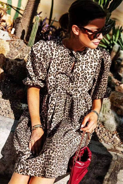 Print Bow Tie Keyhole Puff Sleeve Babydoll Shirt Mini Dress