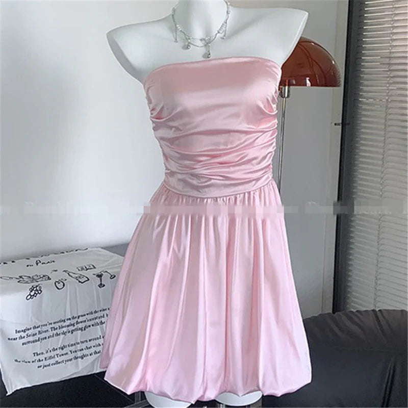 Pink Tutb Top Dress Satin Mini Skirt Dress