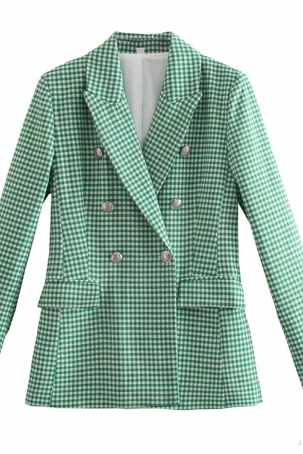 Check Set Double-Breasted Mid-Length Coat