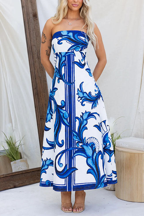 Strapless Tube Unique Print Swing Maxi Dress