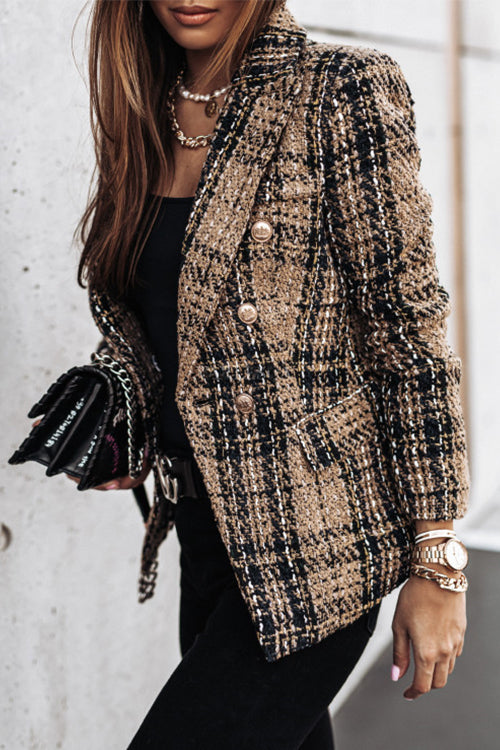 Double Breasted Open Front Plaid Blazer Jacket