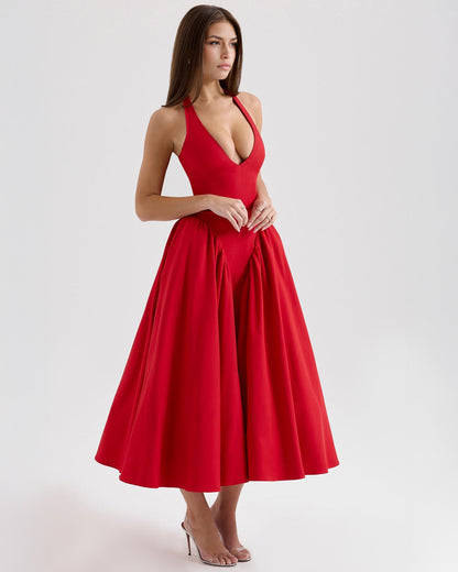 Women's V-Neck Corset Style Midi Dress – Sleeveless Elegant Fitted Tulle Dress