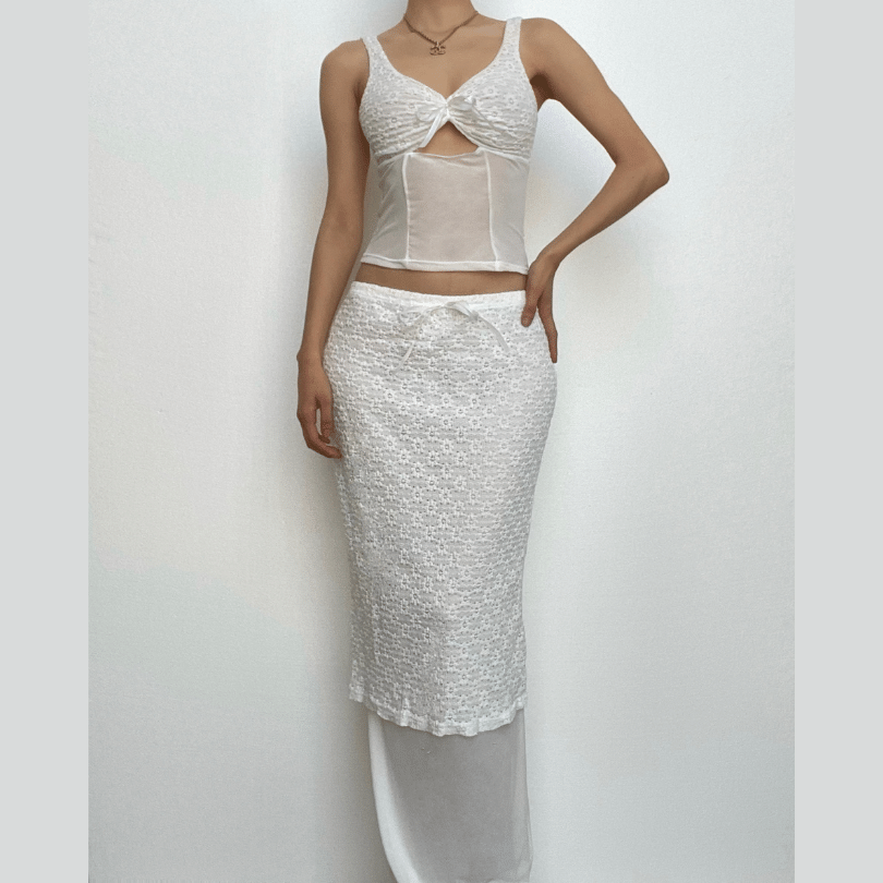 Lace v neck sleeveless hollow out solid patchwork maxi skirt set